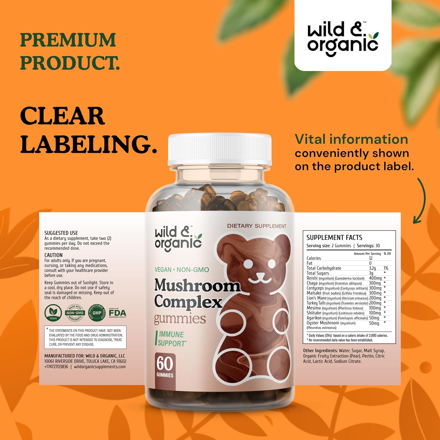 Organic Mushroom Gummies 10-in-1 Complex - Immune & Brain Support - Lion's Mane, Cordyceps, Turkey Tail, Reishi, Chaga, Maitake - 60 Count