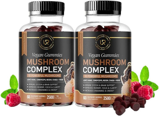 Organic Mushroom Gummy Supplements for Focus, Memory & Energy | 10 Mushroom Blend | 2 pack (120ct) | Turkey Tail, Chaga, Reishi, Cordyceps & Lions Mane Extracts | Nootropic Brain Booster