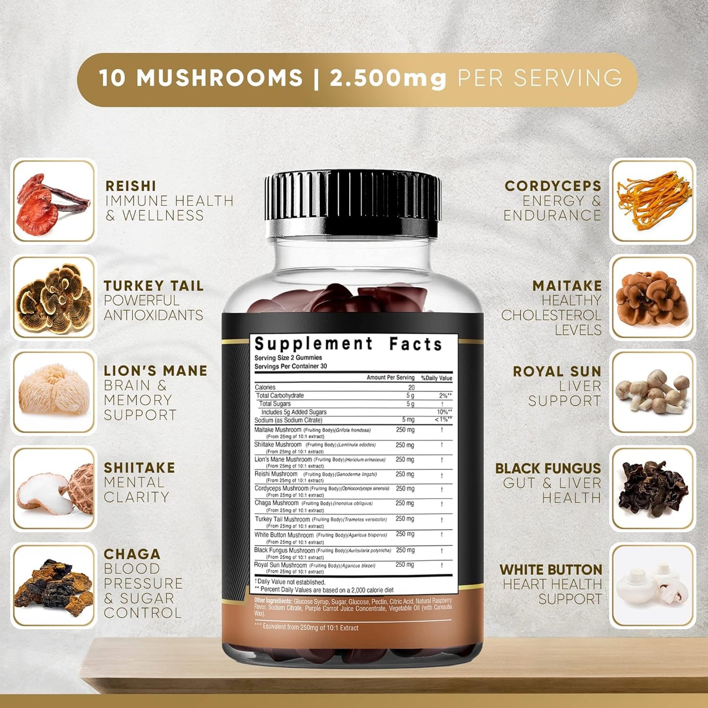 Organic Mushroom Gummy Supplements for Focus, Memory & Energy | 10 Mushroom Blend | 2 pack (120ct) | Turkey Tail, Chaga, Reishi, Cordyceps & Lions Mane Extracts | Nootropic Brain Booster