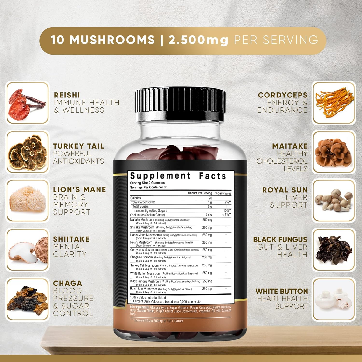 Organic Mushroom Gummy Supplements for Focus, Memory & Energy | 10 Mushroom Blend | 2 pack (120ct) | Turkey Tail, Chaga, Reishi, Cordyceps & Lions Mane Extracts | Nootropic Brain Booster