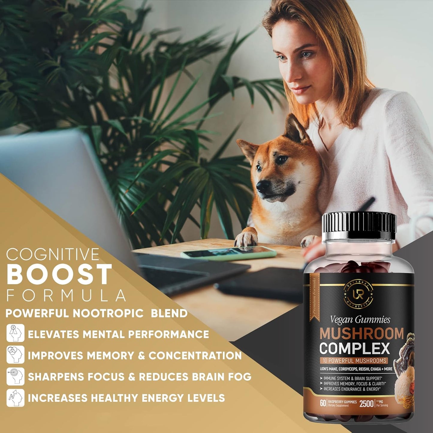 Organic Mushroom Gummy Supplements for Focus, Memory & Energy | 10 Mushroom Blend | 2 pack (120ct) | Turkey Tail, Chaga, Reishi, Cordyceps & Lions Mane Extracts | Nootropic Brain Booster