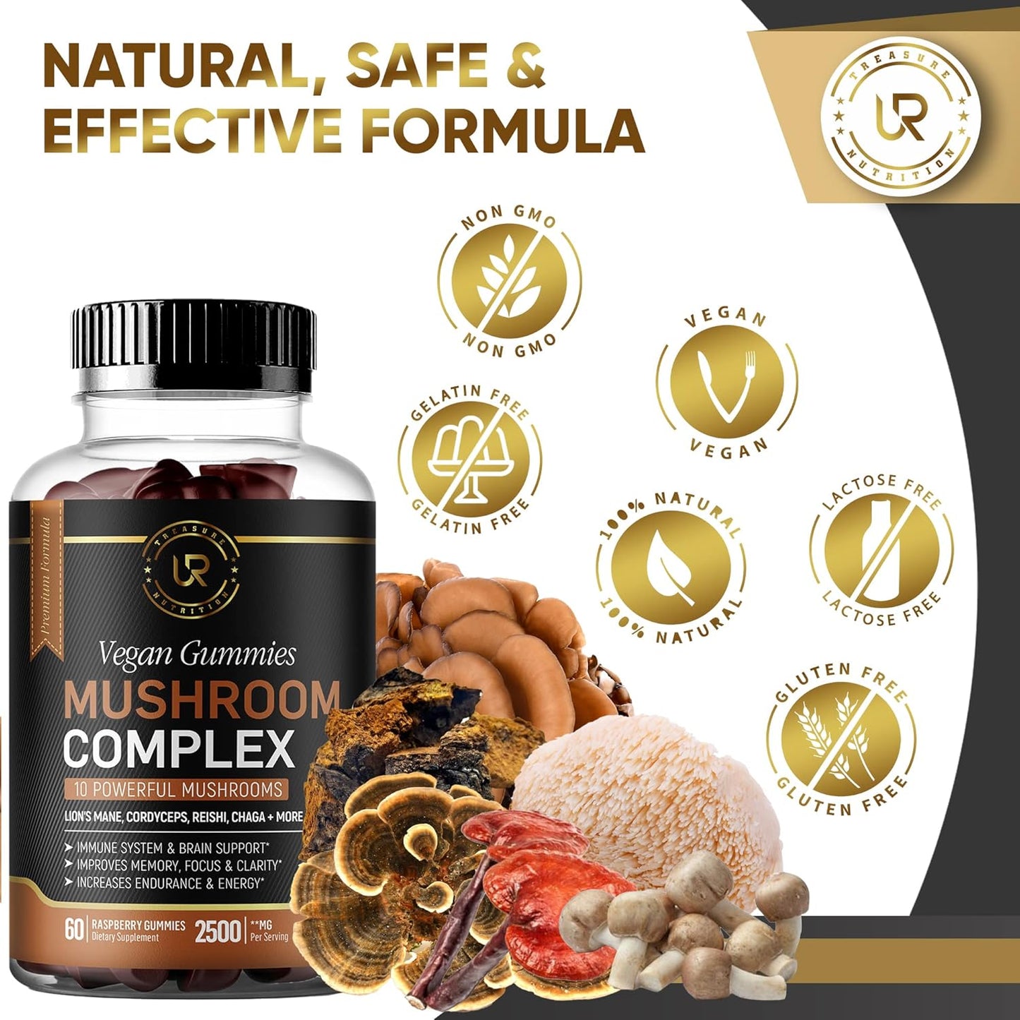 Organic Mushroom Gummy Supplements for Focus, Memory & Energy | 10 Mushroom Blend | 2 pack (120ct) | Turkey Tail, Chaga, Reishi, Cordyceps & Lions Mane Extracts | Nootropic Brain Booster