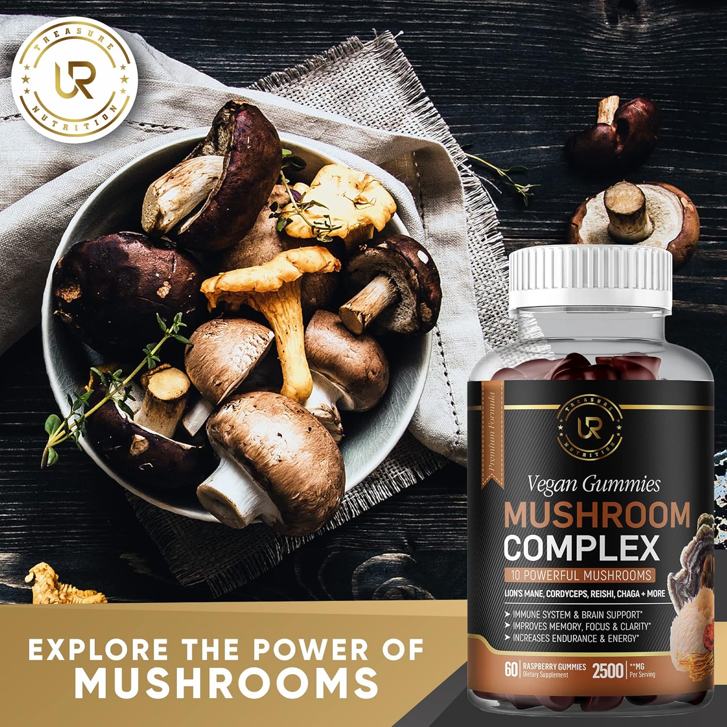 Organic Mushroom Gummy Supplements for Focus, Memory & Energy | 10 Mushroom Blend | 2 pack (120ct) | Turkey Tail, Chaga, Reishi, Cordyceps & Lions Mane Extracts | Nootropic Brain Booster