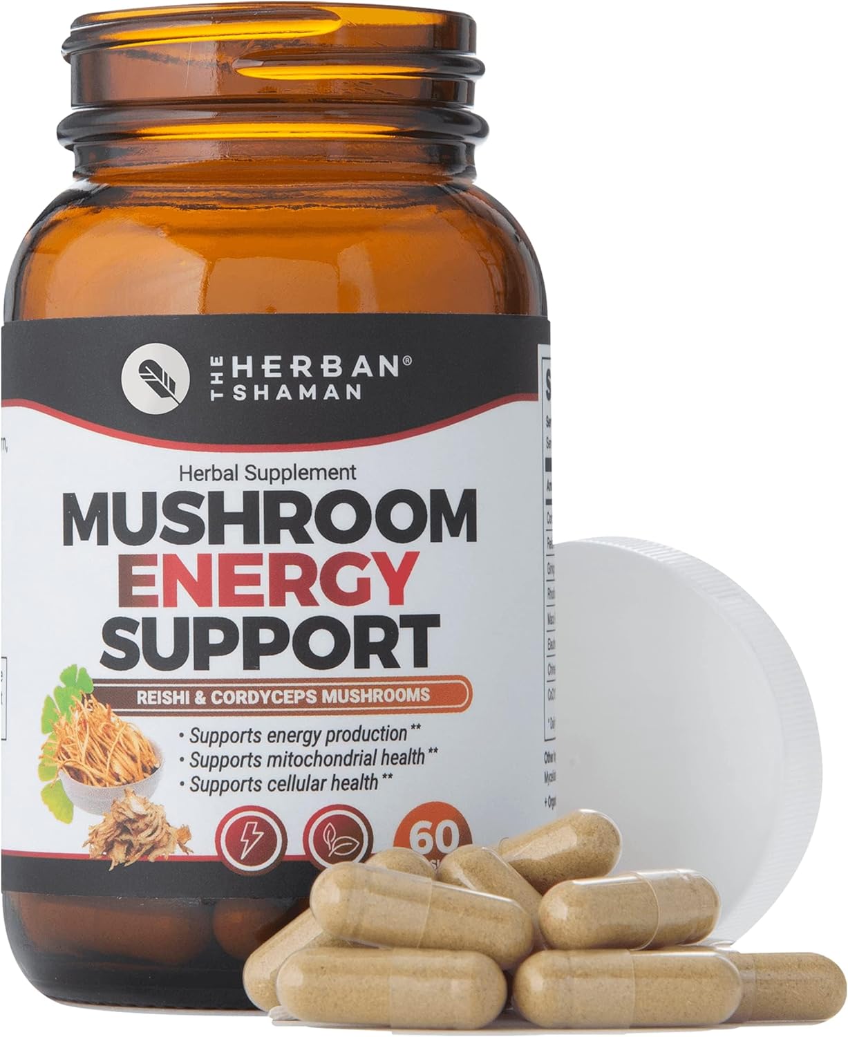 Organic Mushroom Herbal Capsules for Energy Support | Herban Shaman Supplement with Reishi, Ginkgo, Rhodiola, Maca, Chinese Ginseng, CoQ10 - 60 Capsules