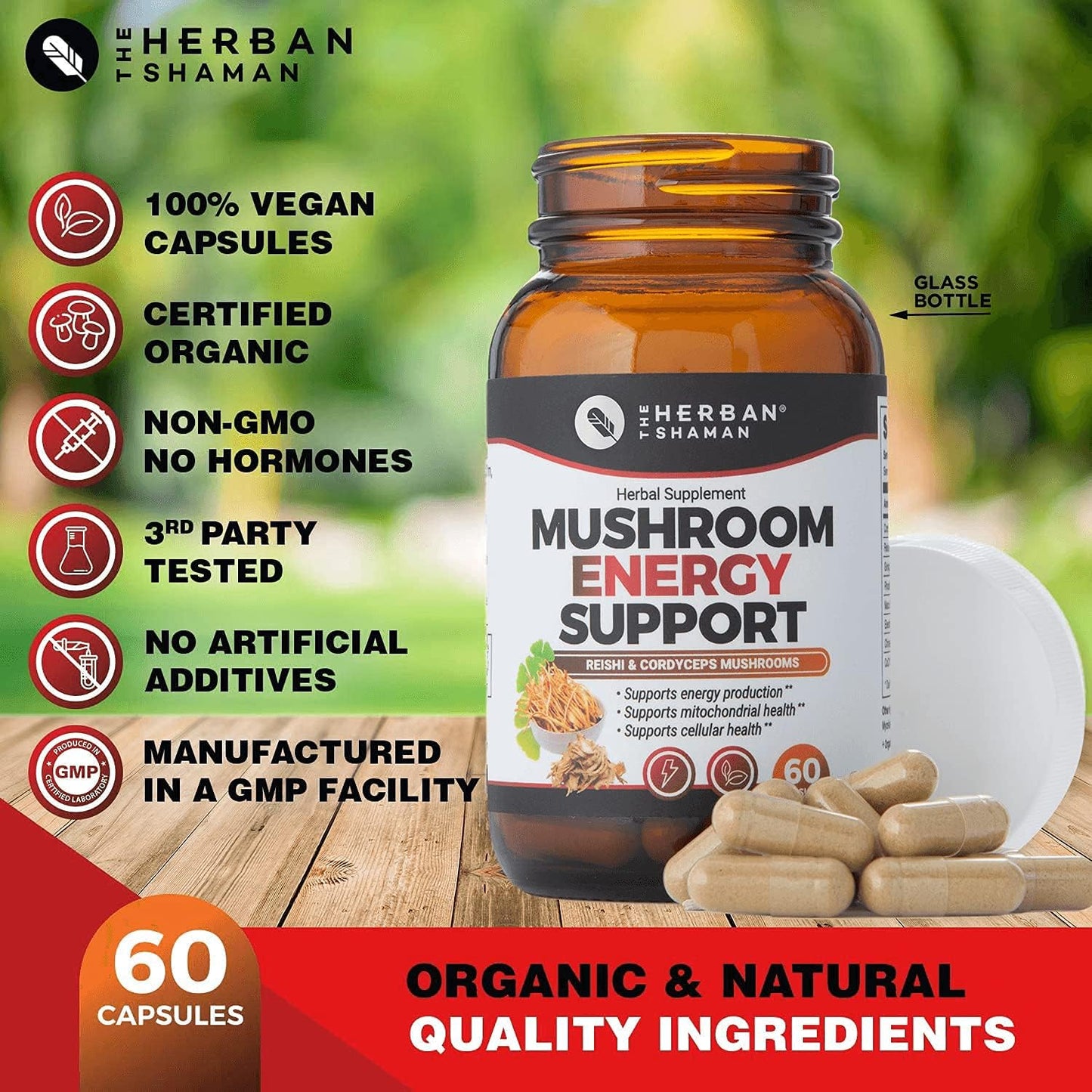Organic Mushroom Herbal Capsules for Energy Support | Herban Shaman Supplement with Reishi, Ginkgo, Rhodiola, Maca, Chinese Ginseng, CoQ10 - 60 Capsules