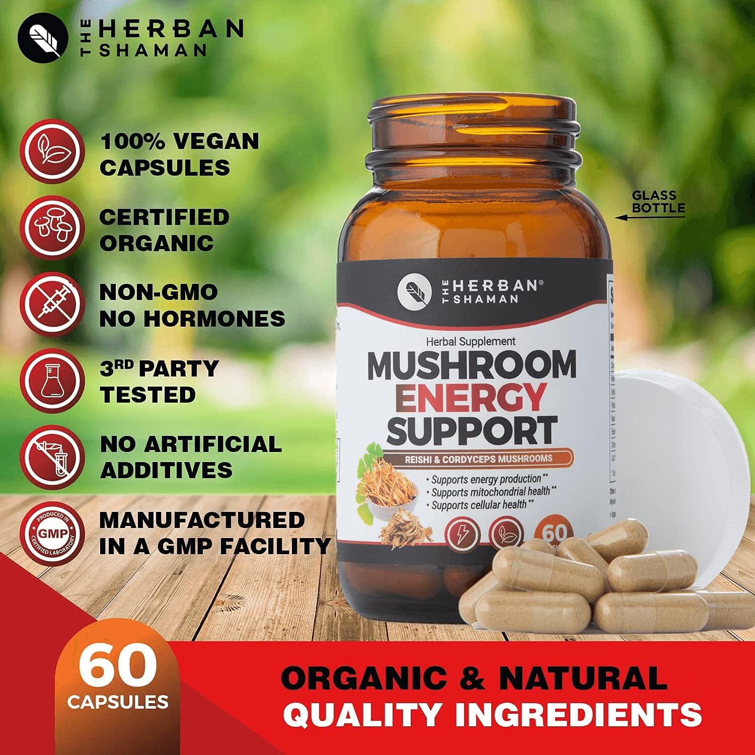 Organic Mushroom Herbal Capsules for Energy Support | Herban Shaman Supplement with Reishi, Ginkgo, Rhodiola, Maca, Chinese Ginseng, CoQ10 - 60 Capsules