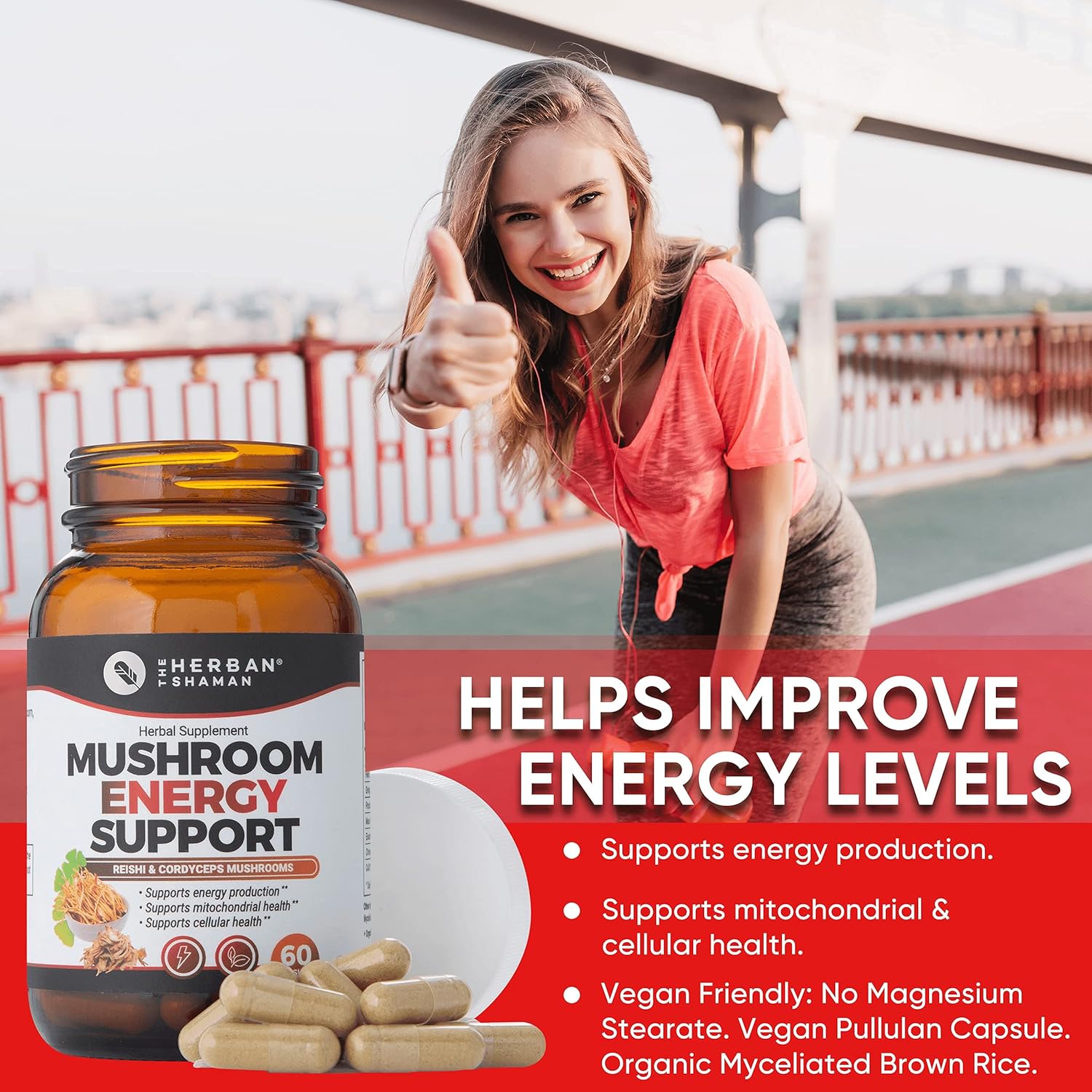 Organic Mushroom Herbal Capsules for Energy Support | Herban Shaman Supplement with Reishi, Ginkgo, Rhodiola, Maca, Chinese Ginseng, CoQ10 - 60 Capsules