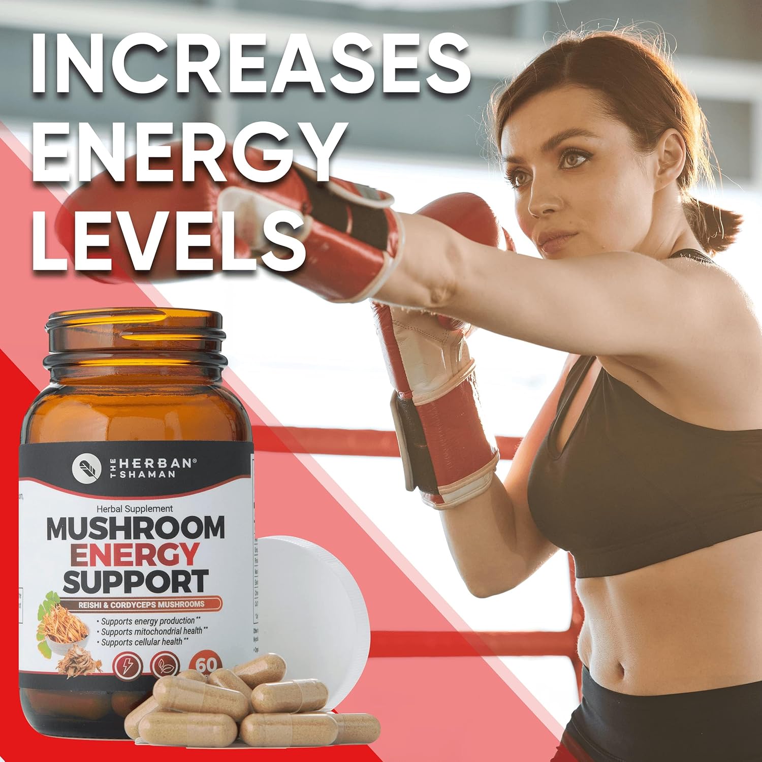Organic Mushroom Herbal Capsules for Energy Support | Herban Shaman Supplement with Reishi, Ginkgo, Rhodiola, Maca, Chinese Ginseng, CoQ10 - 60 Capsules