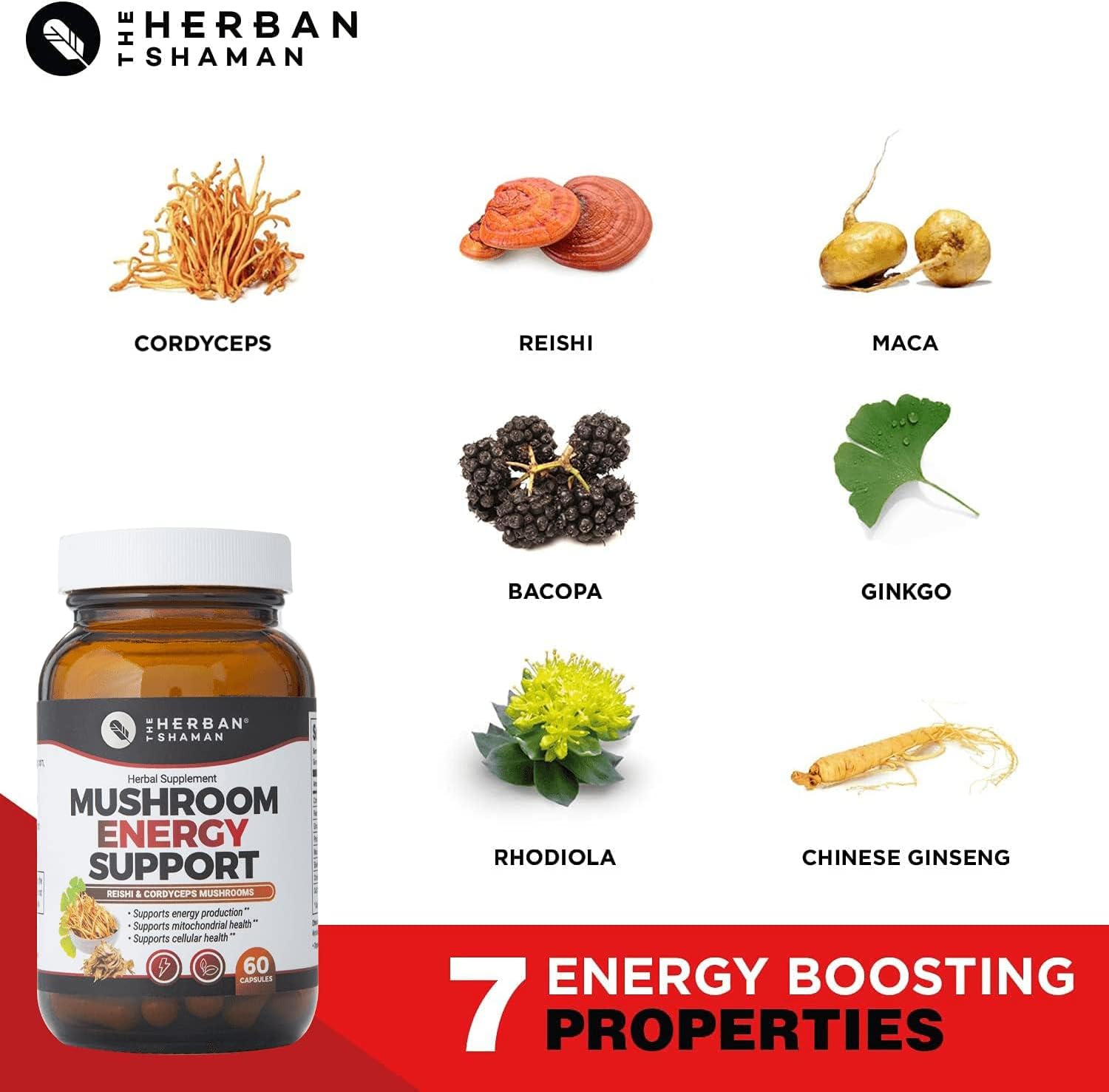 Organic Mushroom Herbal Capsules for Energy Support | Herban Shaman Supplement with Reishi, Ginkgo, Rhodiola, Maca, Chinese Ginseng, CoQ10 - 60 Capsules