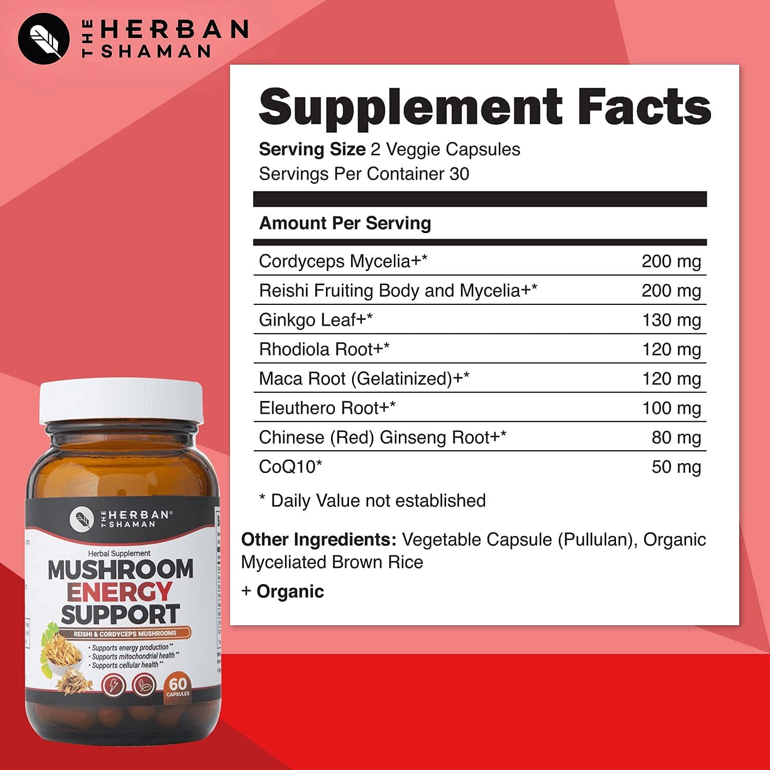 Organic Mushroom Herbal Capsules for Energy Support | Herban Shaman Supplement with Reishi, Ginkgo, Rhodiola, Maca, Chinese Ginseng, CoQ10 - 60 Capsules