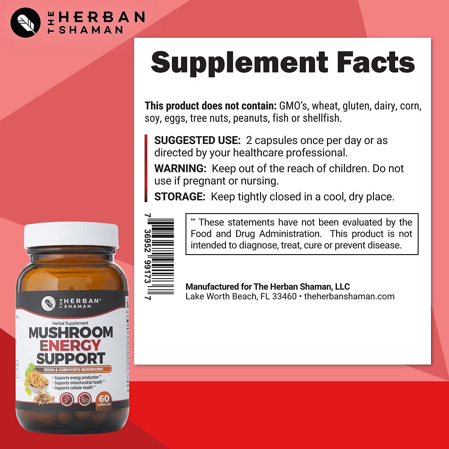 Organic Mushroom Herbal Capsules for Energy Support | Herban Shaman Supplement with Reishi, Ginkgo, Rhodiola, Maca, Chinese Ginseng, CoQ10 - 60 Capsules