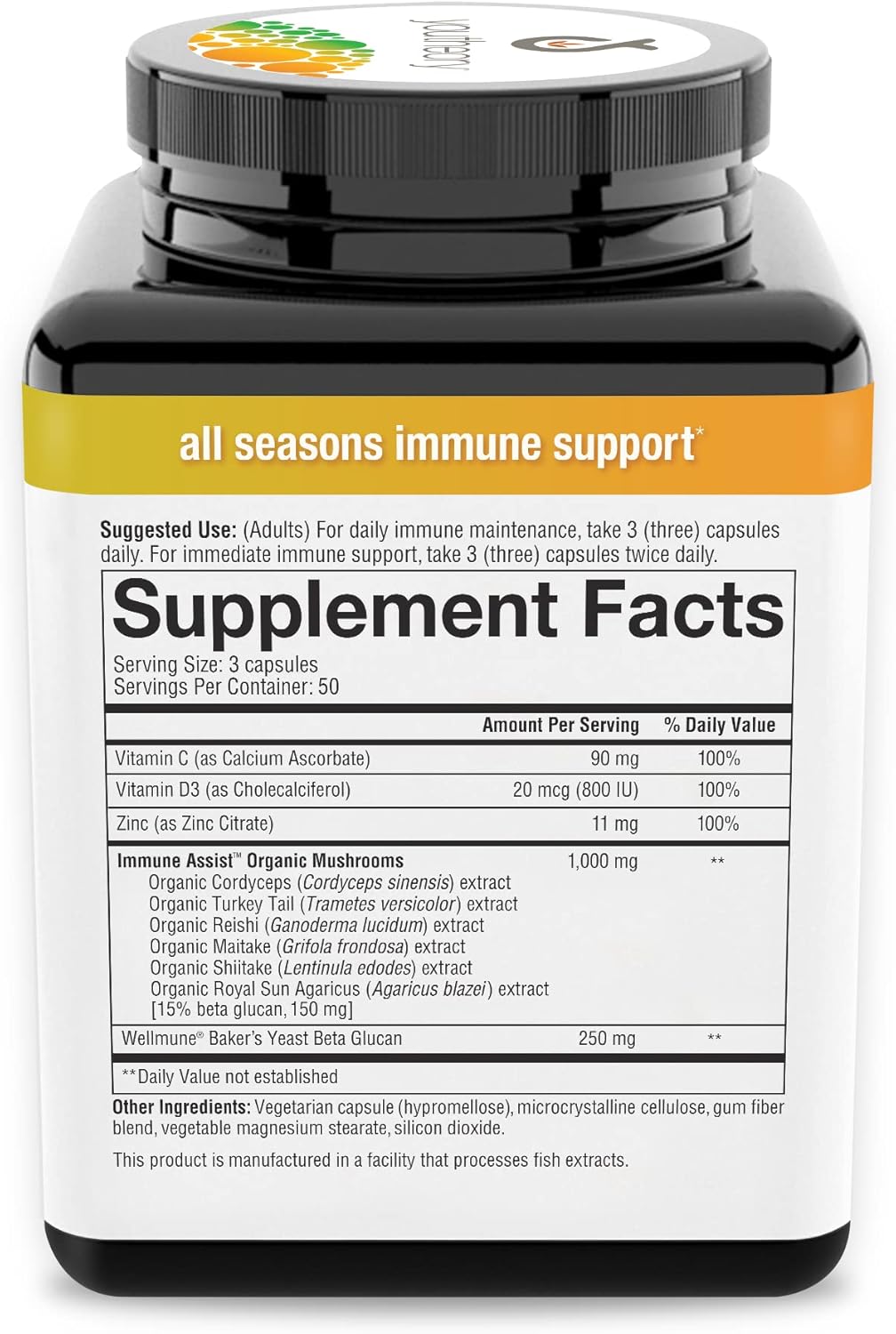 Organic Mushroom Immune Support Capsules with Beta Glucan, Vitamin C, D3, and Zinc - 150 Vegetarian Capsules