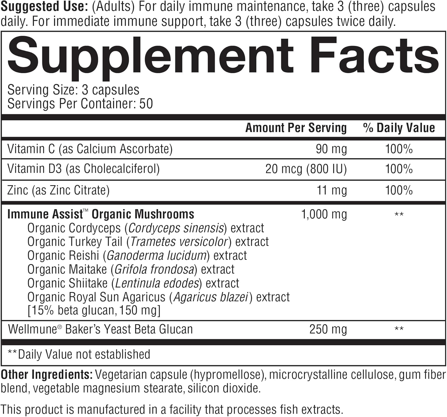 Organic Mushroom Immune Support Capsules with Beta Glucan, Vitamin C, D3, and Zinc - 150 Vegetarian Capsules