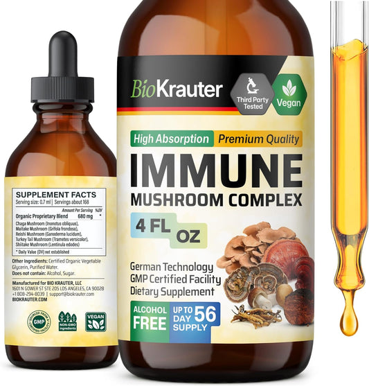 Organic Mushroom Immune Support Supplement Liquid Extract - Lions Mane, Shiitake, Turkey Tail, Reishi, Chaga & Maitake Complex Tincture - Vegan Drops - 4 Fl.Oz.