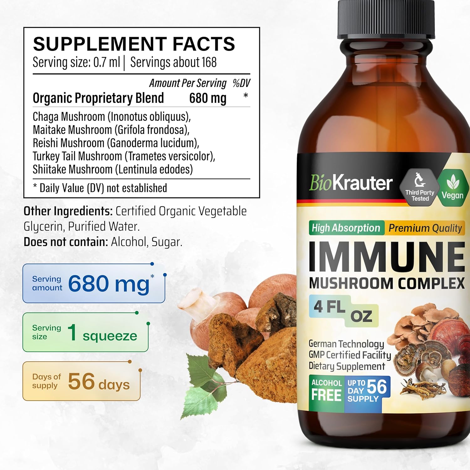 Organic Mushroom Immune Support Supplement Liquid Extract - Lions Mane, Shiitake, Turkey Tail, Reishi, Chaga & Maitake Complex Tincture - Vegan Drops - 4 Fl.Oz.