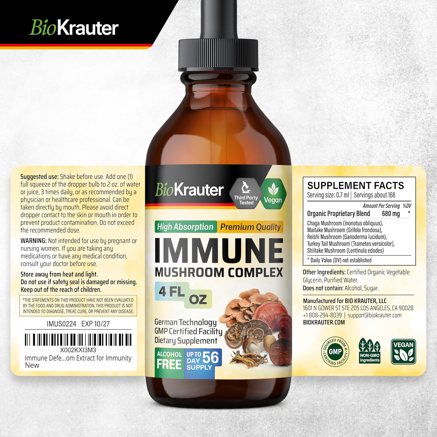 Organic Mushroom Immune Support Supplement Liquid Extract - Lions Mane, Shiitake, Turkey Tail, Reishi, Chaga & Maitake Complex Tincture - Vegan Drops - 4 Fl.Oz.