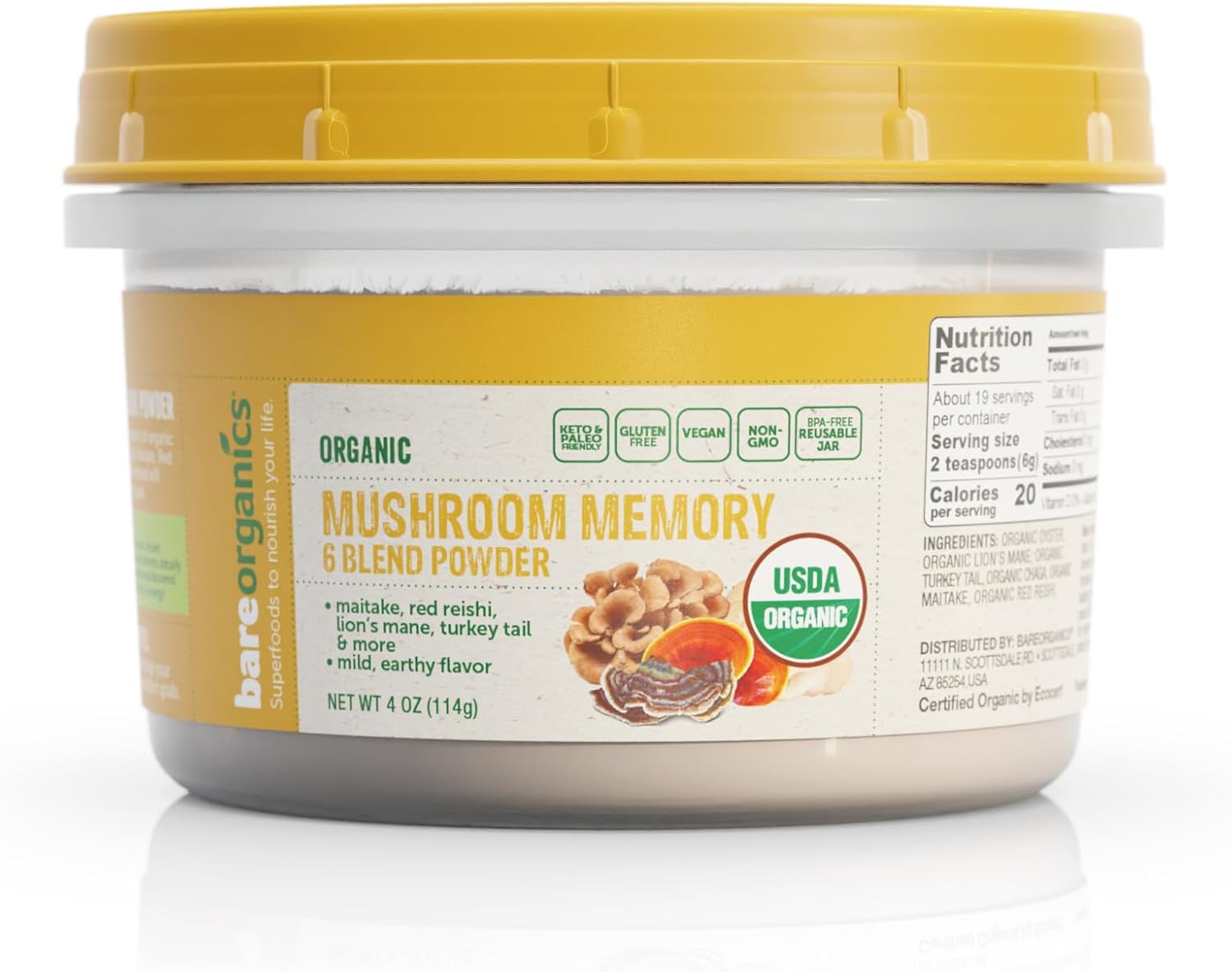 Organic Mushroom Memory Blend Powder, Vegan Superfood Dietary Supplement, 4 oz by BareOrganics