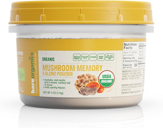 Organic Mushroom Memory Blend Powder, Vegan Superfood Dietary Supplement, 4 oz by BareOrganics