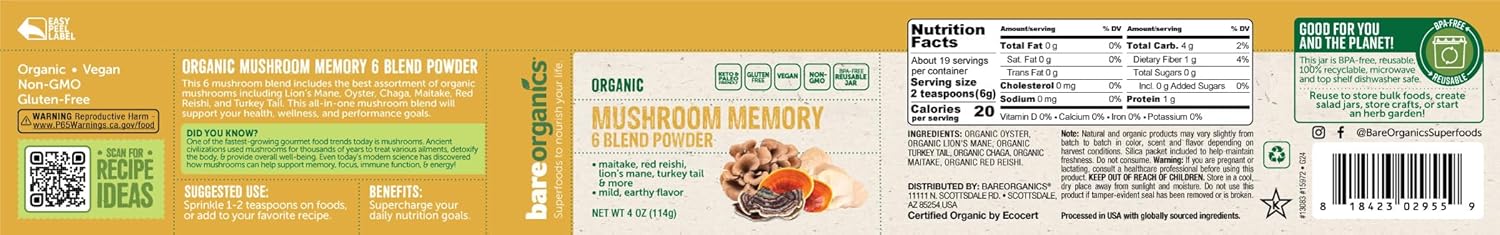 Organic Mushroom Memory Blend Powder, Vegan Superfood Dietary Supplement, 4 oz by BareOrganics