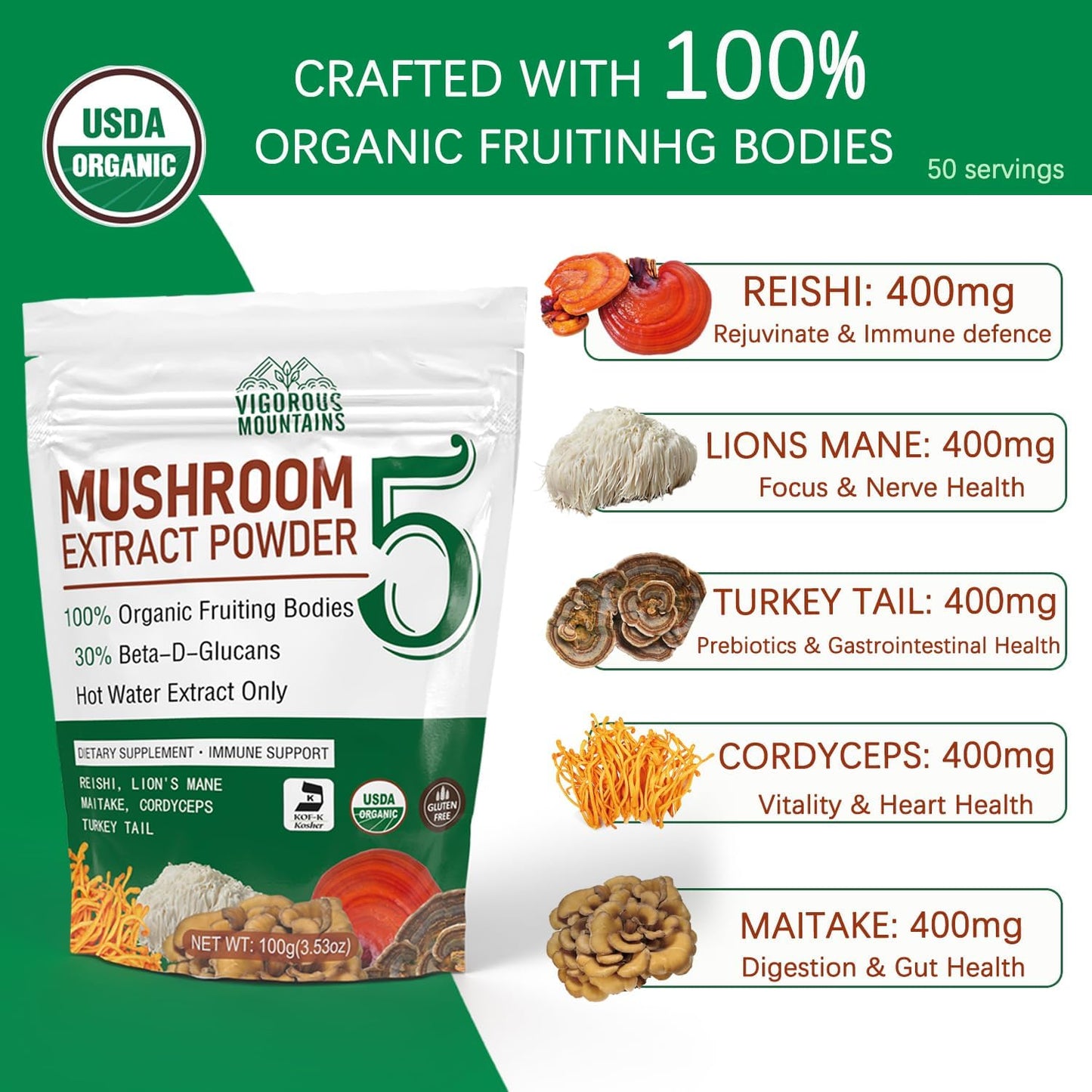 Organic Mushroom Powder Blend for Daily Use - Lions Mane, Turkey Tail, Cordyceps, Reishi, Maitake Supplement - 50 Servings, Soluble in Coffee/Tea/Cooking