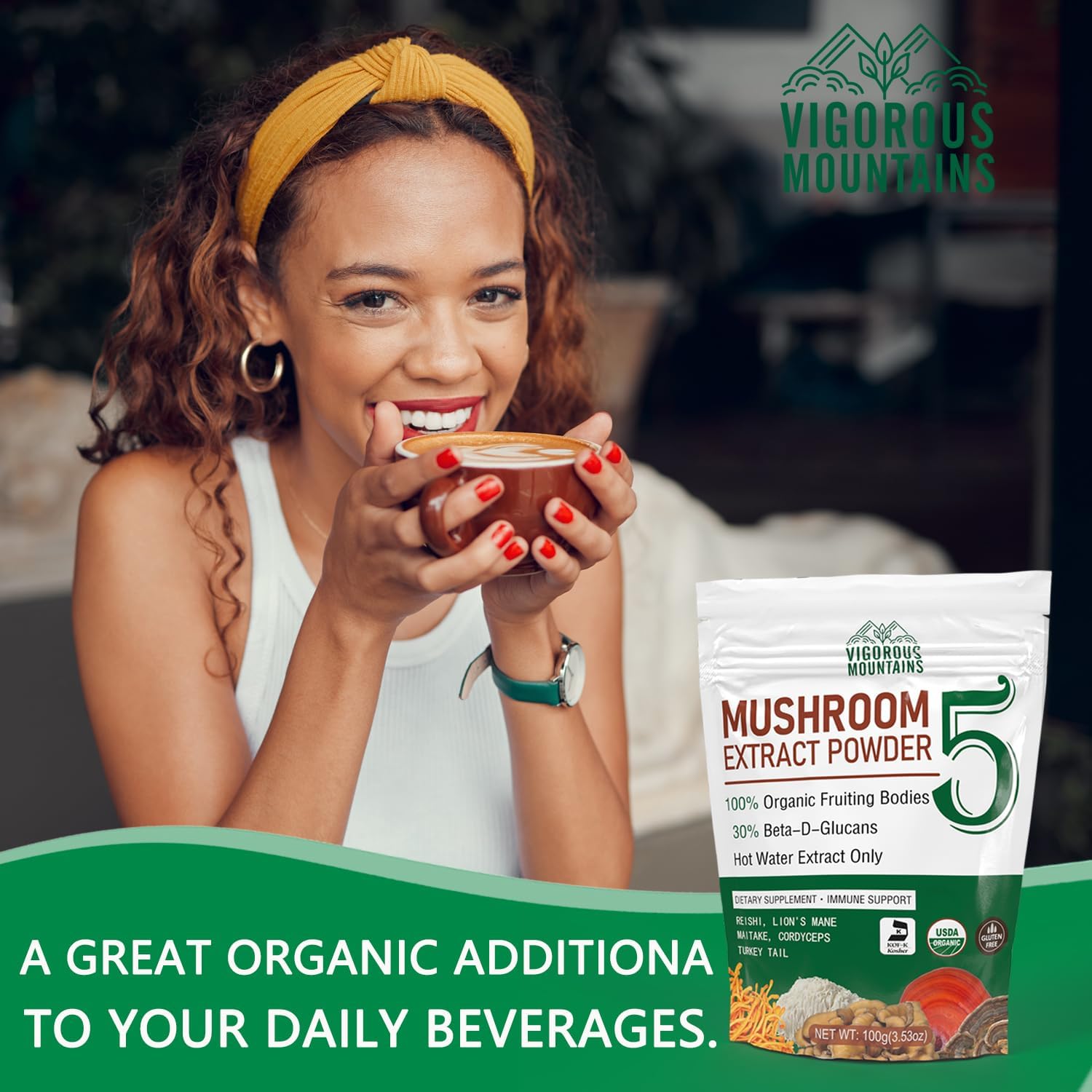 Organic Mushroom Powder Blend for Daily Use - Lions Mane, Turkey Tail, Cordyceps, Reishi, Maitake Supplement - 50 Servings, Soluble in Coffee/Tea/Cooking