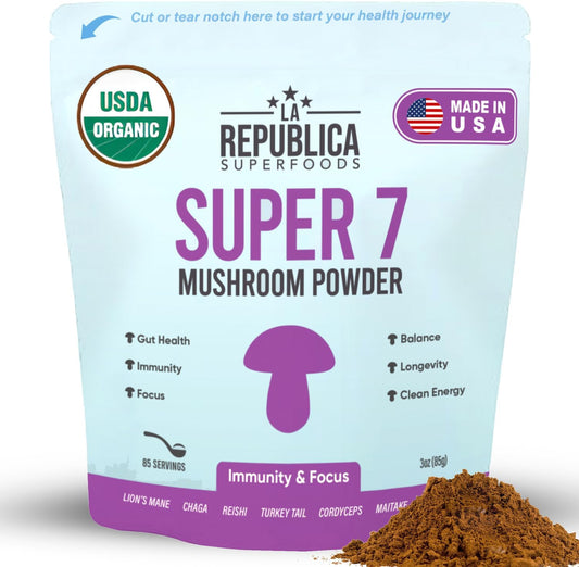 Organic Mushroom Powder Blend (Lion's Mane, Chaga, Reishi, Cordyceps, Maitake, Turkey Tail) - 3 oz, No Fillers, USDA Certified by LRLA SUPERFOODS La Republica