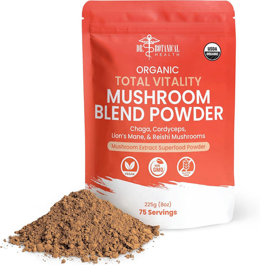 Organic Mushroom Powder Blend with Reishi, Lion’s Mane, Cordyceps, and Chaga - Immune Boost & Brain Support Supplement for Coffee, Tea, Water - Dr. Botanical Health 4-in-1 Extract Complex