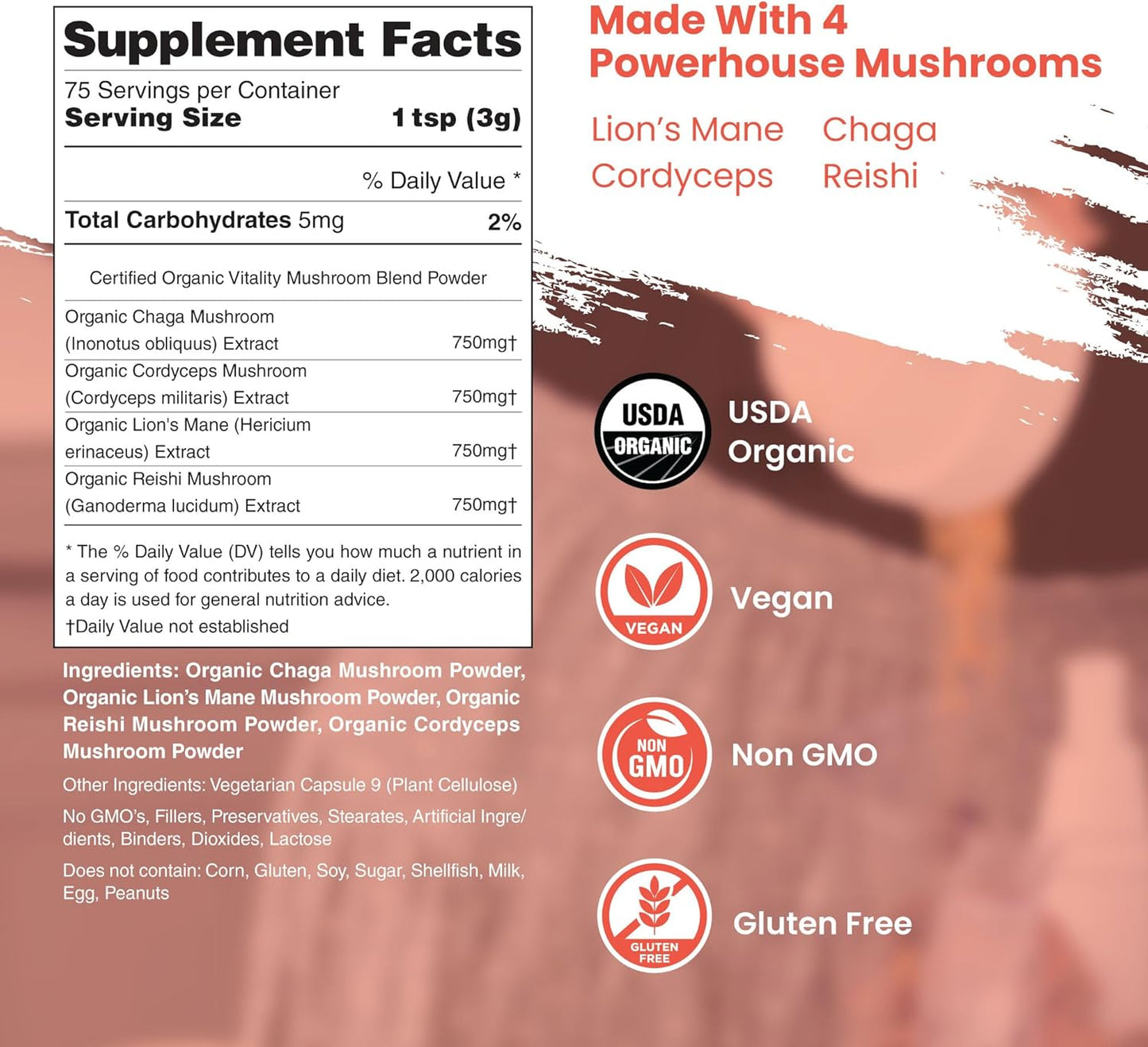 Organic Mushroom Powder Blend with Reishi, Lion’s Mane, Cordyceps, and Chaga - Immune Boost & Brain Support Supplement for Coffee, Tea, Water - Dr. Botanical Health 4-in-1 Extract Complex