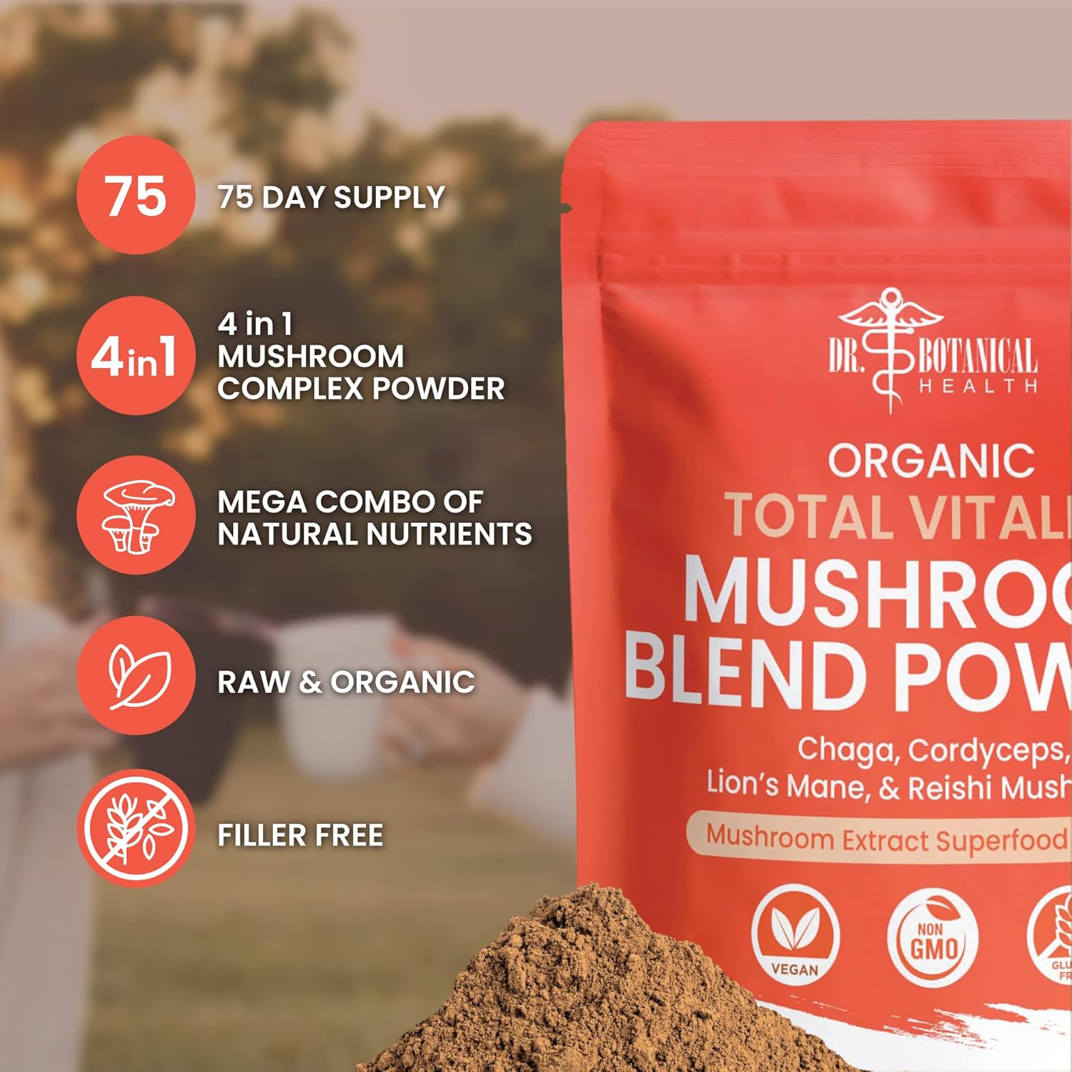 Organic Mushroom Powder Blend with Reishi, Lion’s Mane, Cordyceps, and Chaga - Immune Boost & Brain Support Supplement for Coffee, Tea, Water - Dr. Botanical Health 4-in-1 Extract Complex