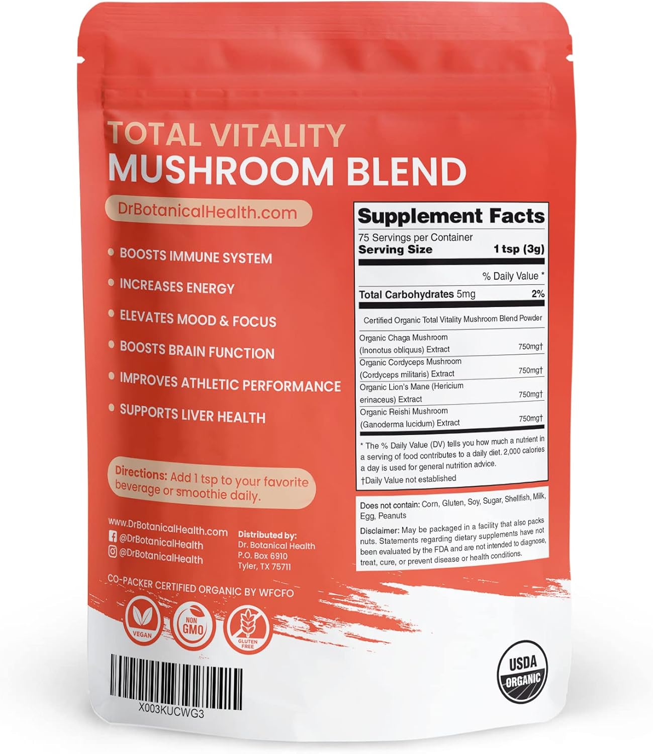 Organic Mushroom Powder Blend with Reishi, Lion’s Mane, Cordyceps, and Chaga - Immune Boost & Brain Support Supplement for Coffee, Tea, Water - Dr. Botanical Health 4-in-1 Extract Complex