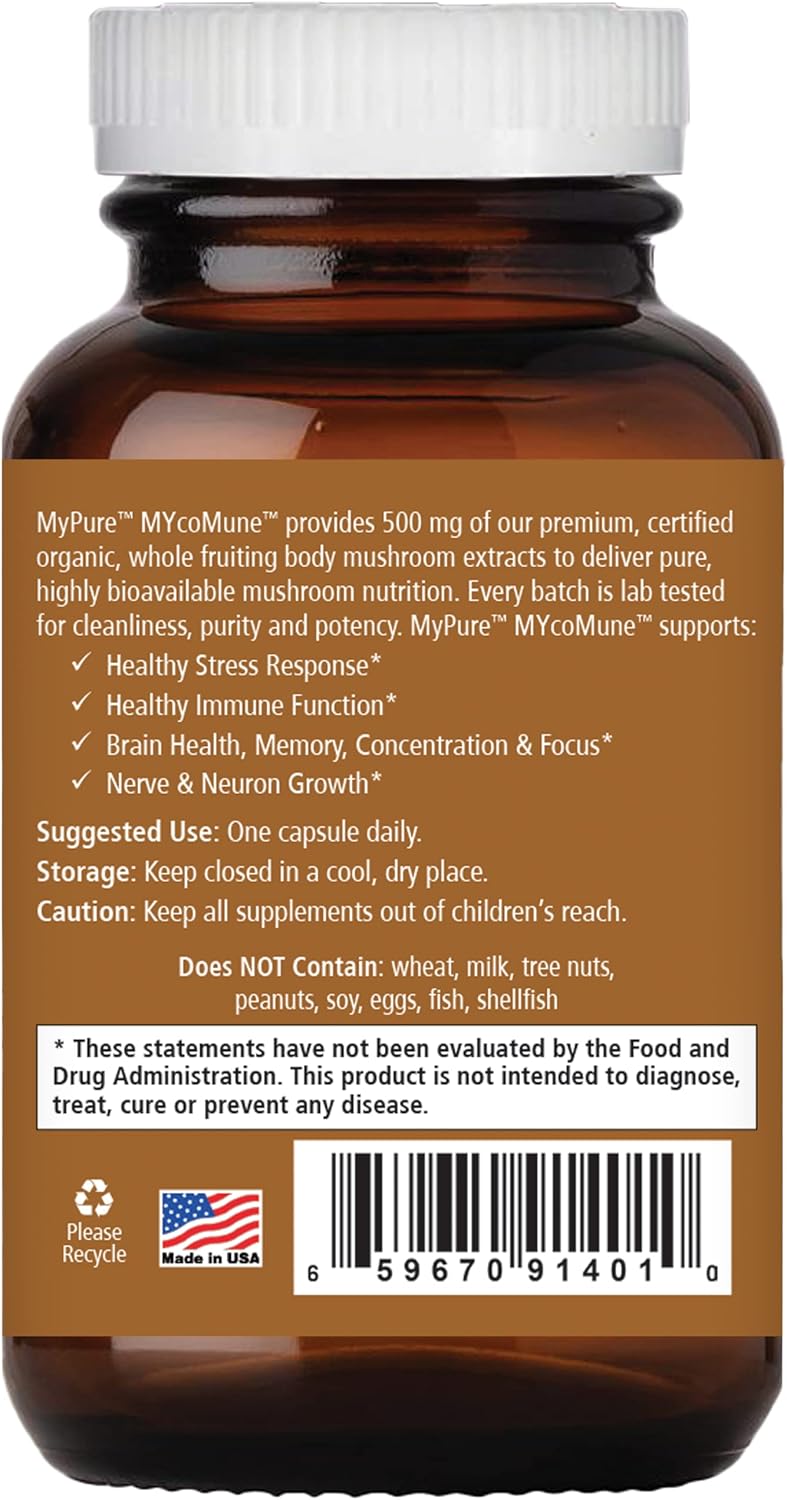 Organic Mushroom Powder Extract Supplement for Immune Support - Reishi, Lion's Mane, Cordyceps, Chaga, Shiitake, Maitake - 60 Capsules by PURE ESSENCE LABS