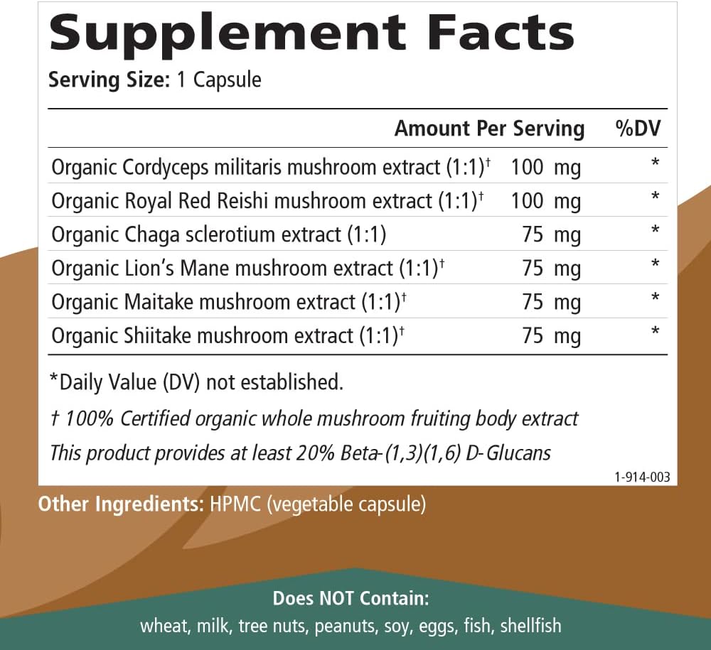 Organic Mushroom Powder Extract Supplement for Immune Support - Reishi, Lion's Mane, Cordyceps, Chaga, Shiitake, Maitake - 60 Capsules by PURE ESSENCE LABS