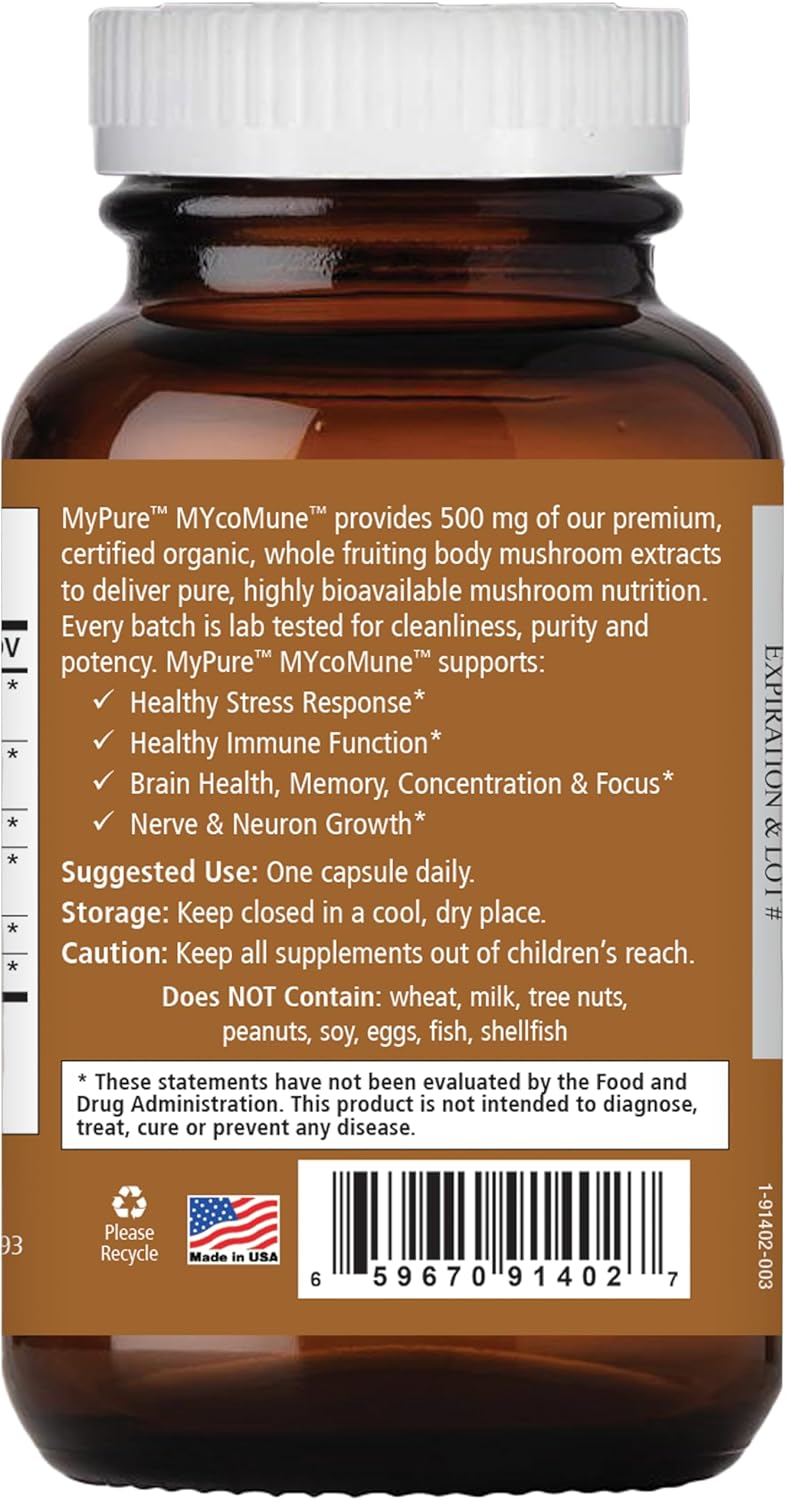 Organic Mushroom Powder Extract Supplement for Immune Support - Reishi, Lion's Mane, Cordyceps, Chaga, Shiitake, Maitake - 60 Capsules by PURE ESSENCE LABS