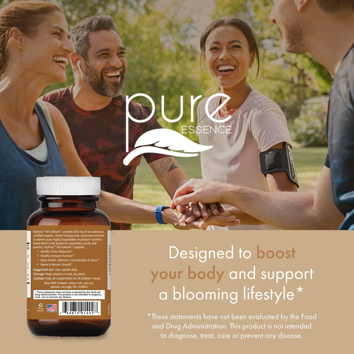 Organic Mushroom Powder Extract Supplement for Immune Support - Reishi, Lion's Mane, Cordyceps, Chaga, Shiitake, Maitake - 60 Capsules by PURE ESSENCE LABS