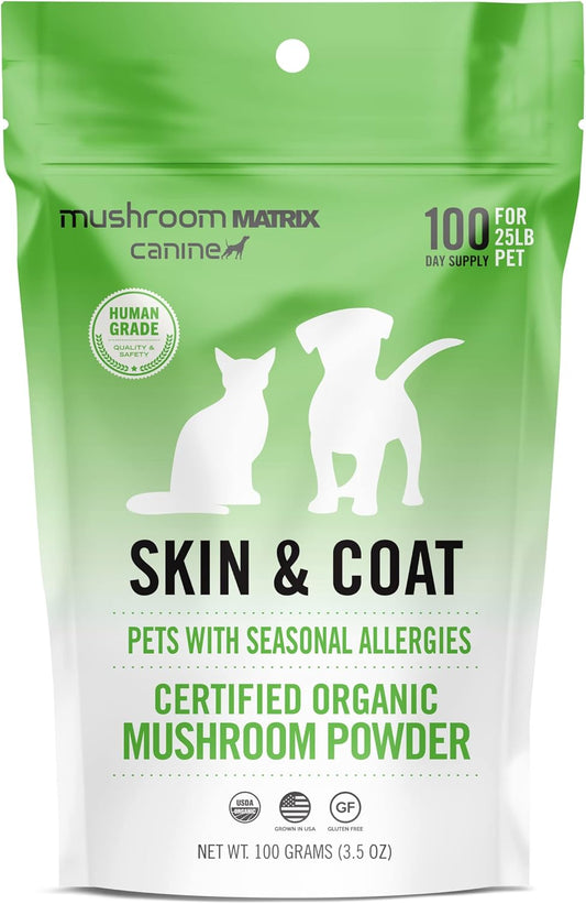 Organic Mushroom Skin & Coat Pet Supplement for Dogs & Cats | USA Grown Powder | Seasonal Allergy Support | 100g, 3.5oz