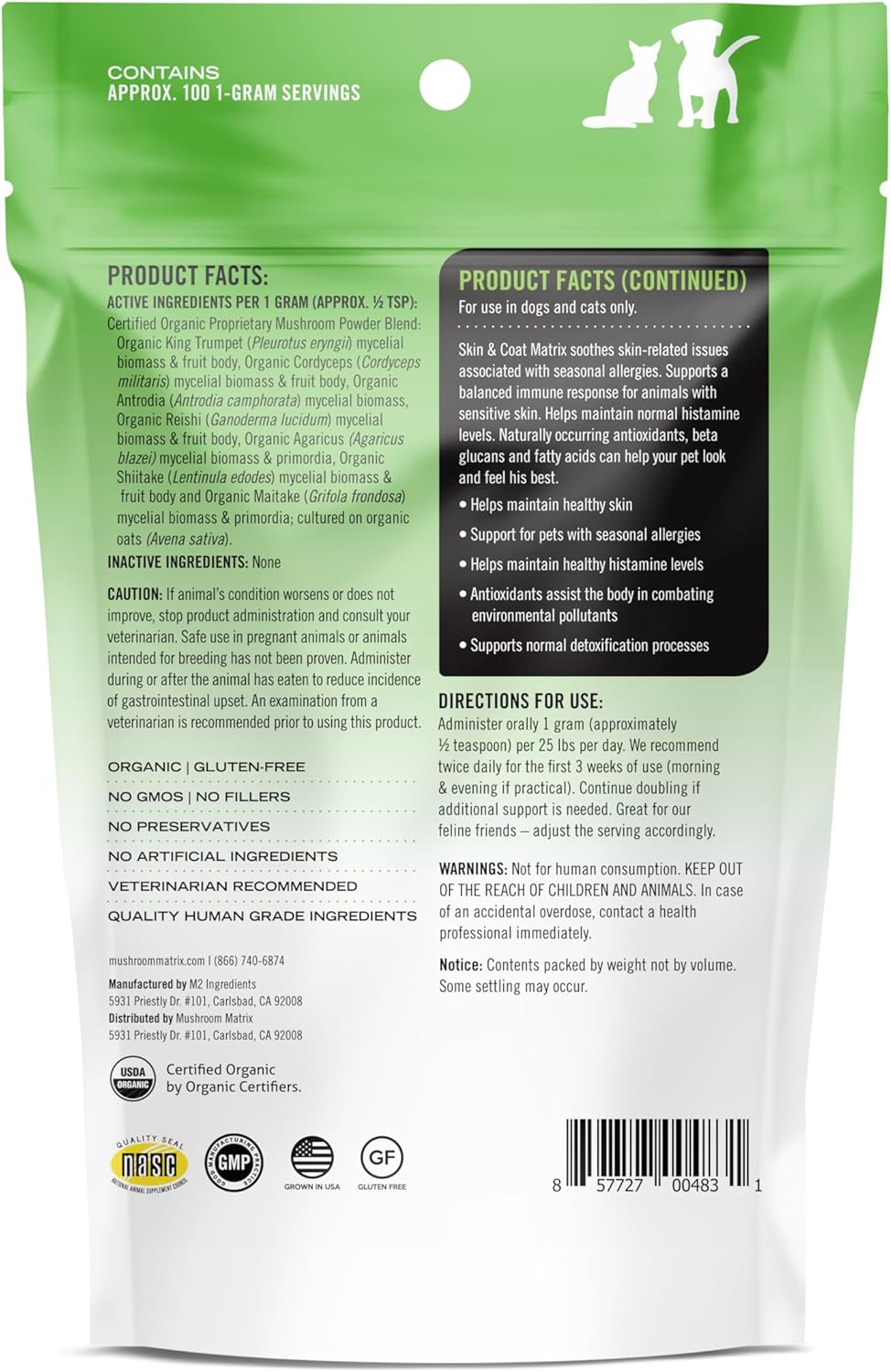 Organic Mushroom Skin & Coat Pet Supplement for Dogs & Cats | USA Grown Powder | Seasonal Allergy Support | 100g, 3.5oz