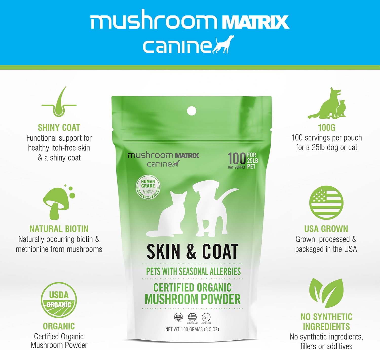 Organic Mushroom Skin & Coat Pet Supplement for Dogs & Cats | USA Grown Powder | Seasonal Allergy Support | 100g, 3.5oz