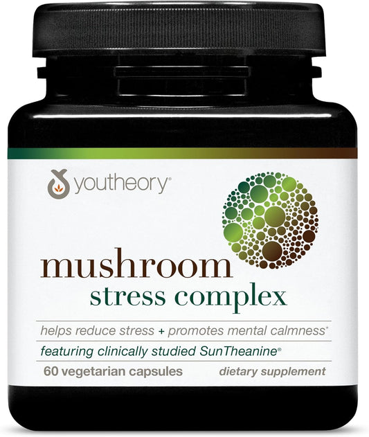 Organic Mushroom Stress Complex with L-Theanine for Stress Reduction and Mental Calmness, 60 Vegetarian Capsules