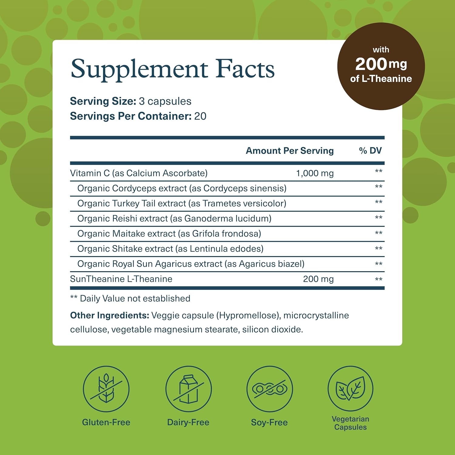 Organic Mushroom Stress Complex with L-Theanine for Stress Reduction and Mental Calmness, 60 Vegetarian Capsules