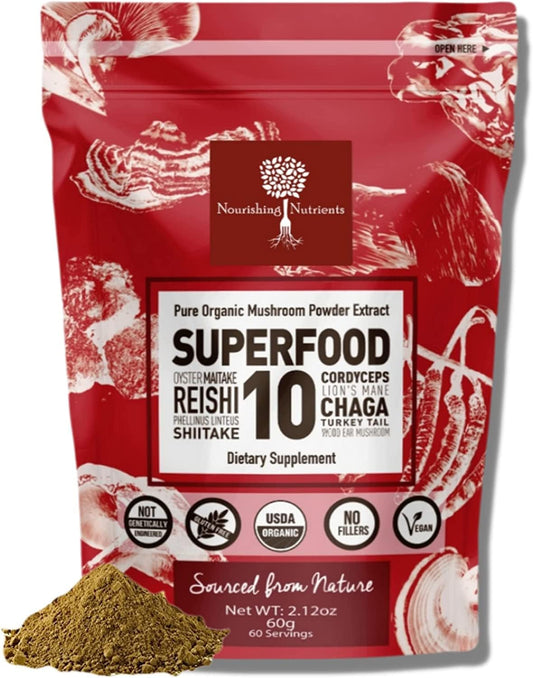 Organic Mushroom Superfood Powder Extract - Immunity Booster with Reishi, Chaga, Cordyceps, Shiitake, Lions Mane, Turkey Tail - 100% Pure USDA Certified - 60g