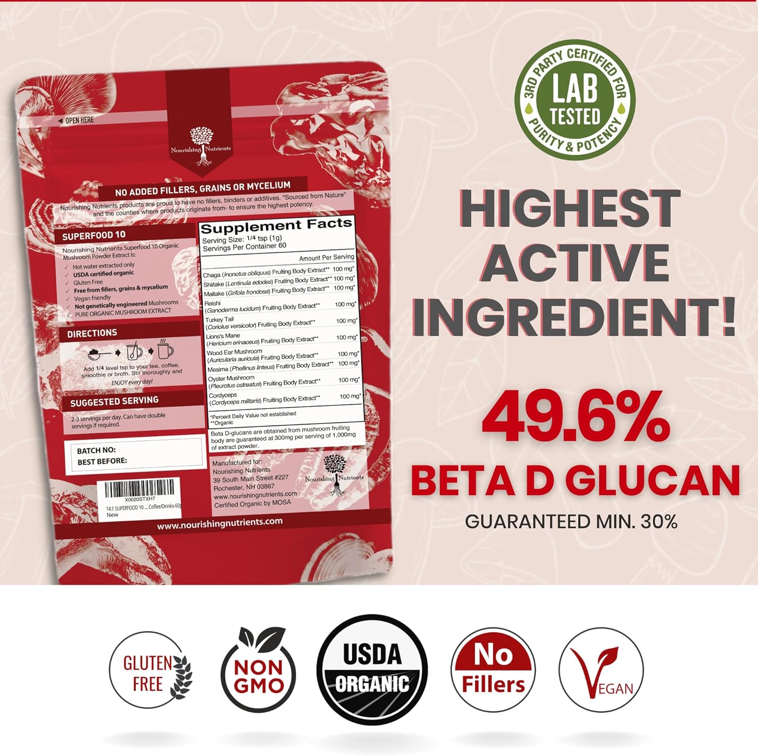 Organic Mushroom Superfood Powder Extract - Immunity Booster with Reishi, Chaga, Cordyceps, Shiitake, Lions Mane, Turkey Tail - 100% Pure USDA Certified - 60g
