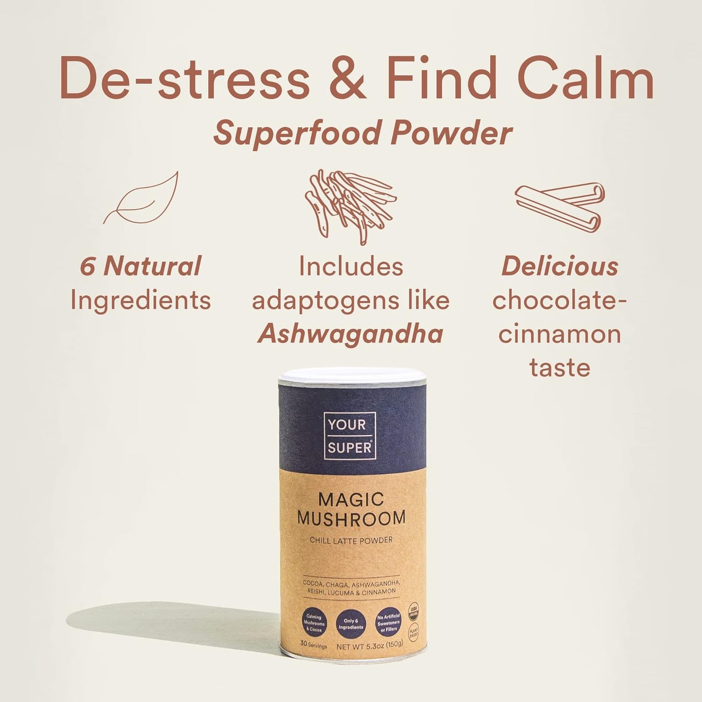 Organic Mushroom Superfood Powder with Ashwagandha, Reishi, and Chaga - Natural Calm, Brain Health, Immune Support - 30 Servings