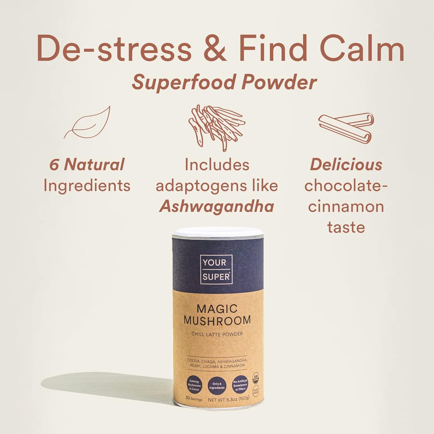 Organic Mushroom Superfood Powder with Ashwagandha, Reishi, and Chaga - Natural Calm, Brain Health, Immune Support - 30 Servings