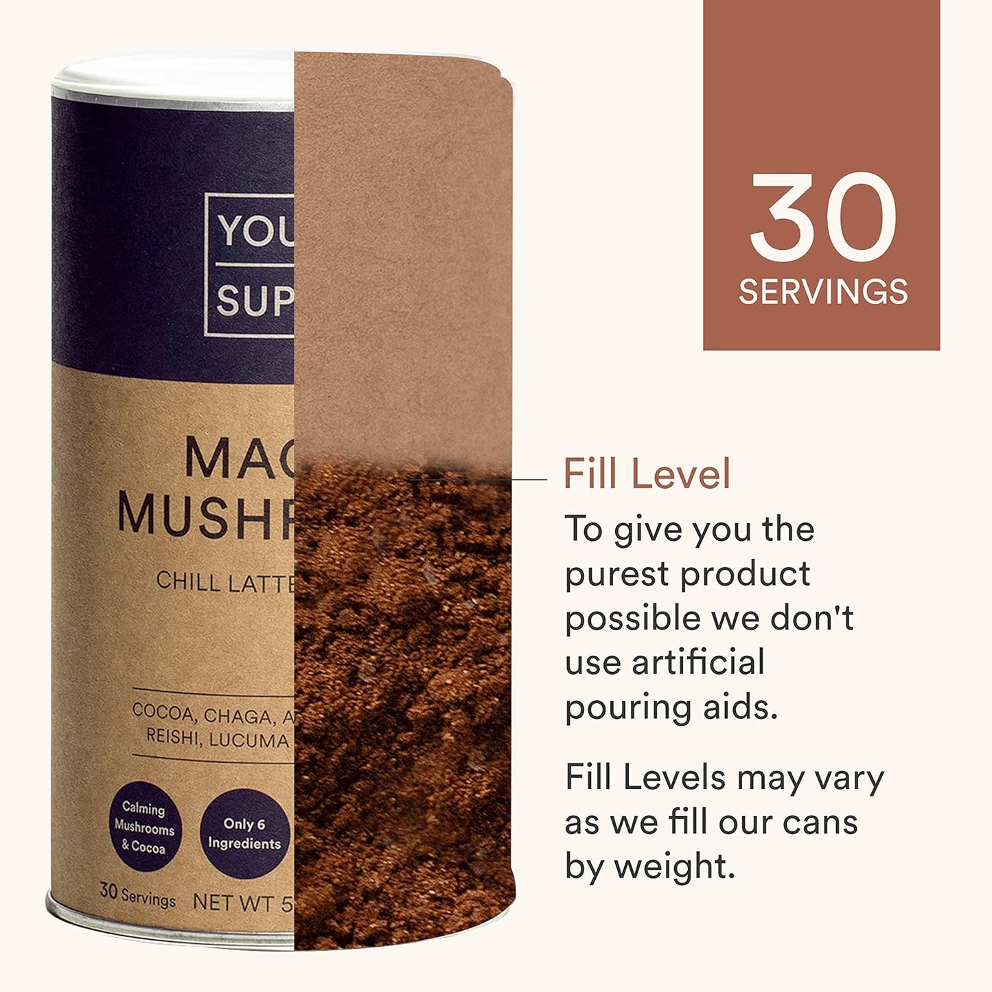 Organic Mushroom Superfood Powder with Ashwagandha, Reishi, and Chaga - Natural Calm, Brain Health, Immune Support - 30 Servings