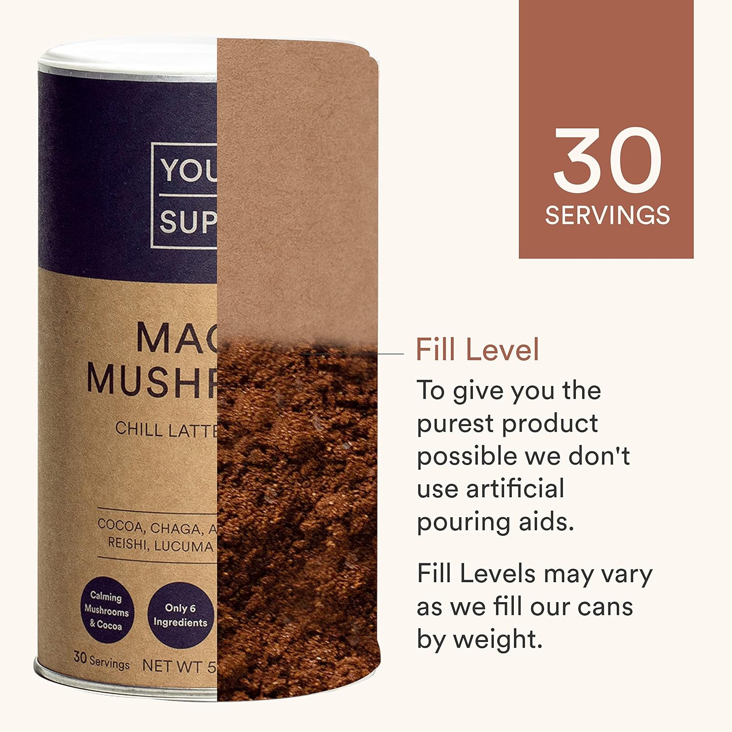 Organic Mushroom Superfood Powder with Ashwagandha, Reishi, and Chaga - Natural Calm, Brain Health, Immune Support - 30 Servings