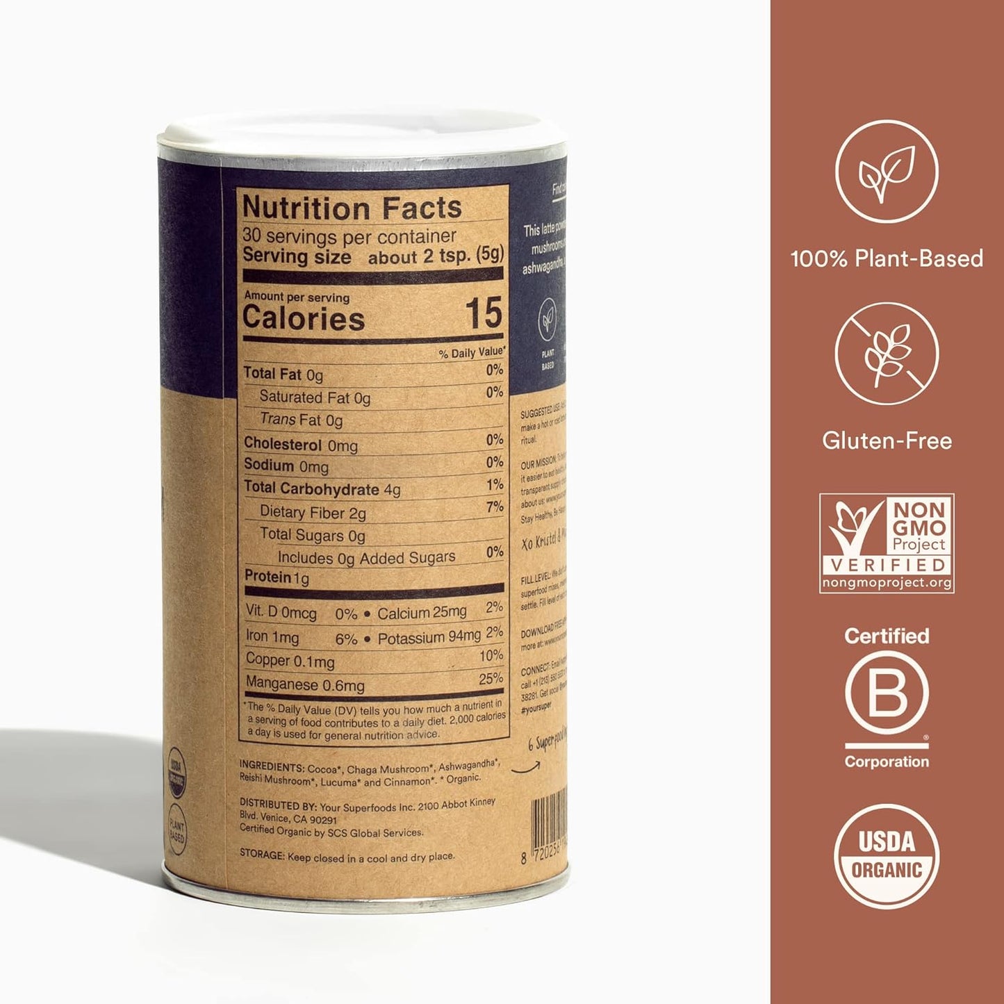 Organic Mushroom Superfood Powder with Ashwagandha, Reishi, and Chaga - Natural Calm, Brain Health, Immune Support - 30 Servings