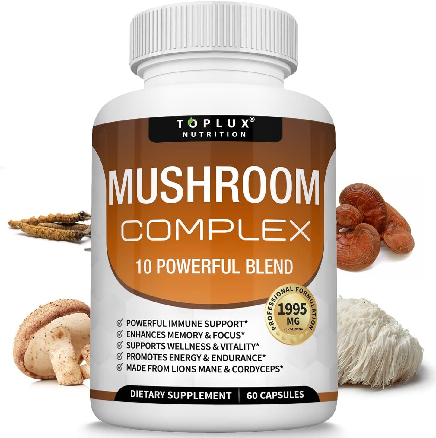 Organic Mushroom Supplement Blend for Immune Support, Memory, Focus, Energy - Lions Mane, Cordyceps, Reishi, Chaga - 60 Capsules