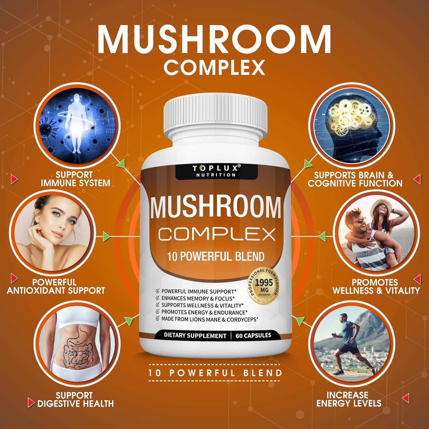 Organic Mushroom Supplement Blend for Immune Support, Memory, Focus, Energy - Lions Mane, Cordyceps, Reishi, Chaga - 60 Capsules