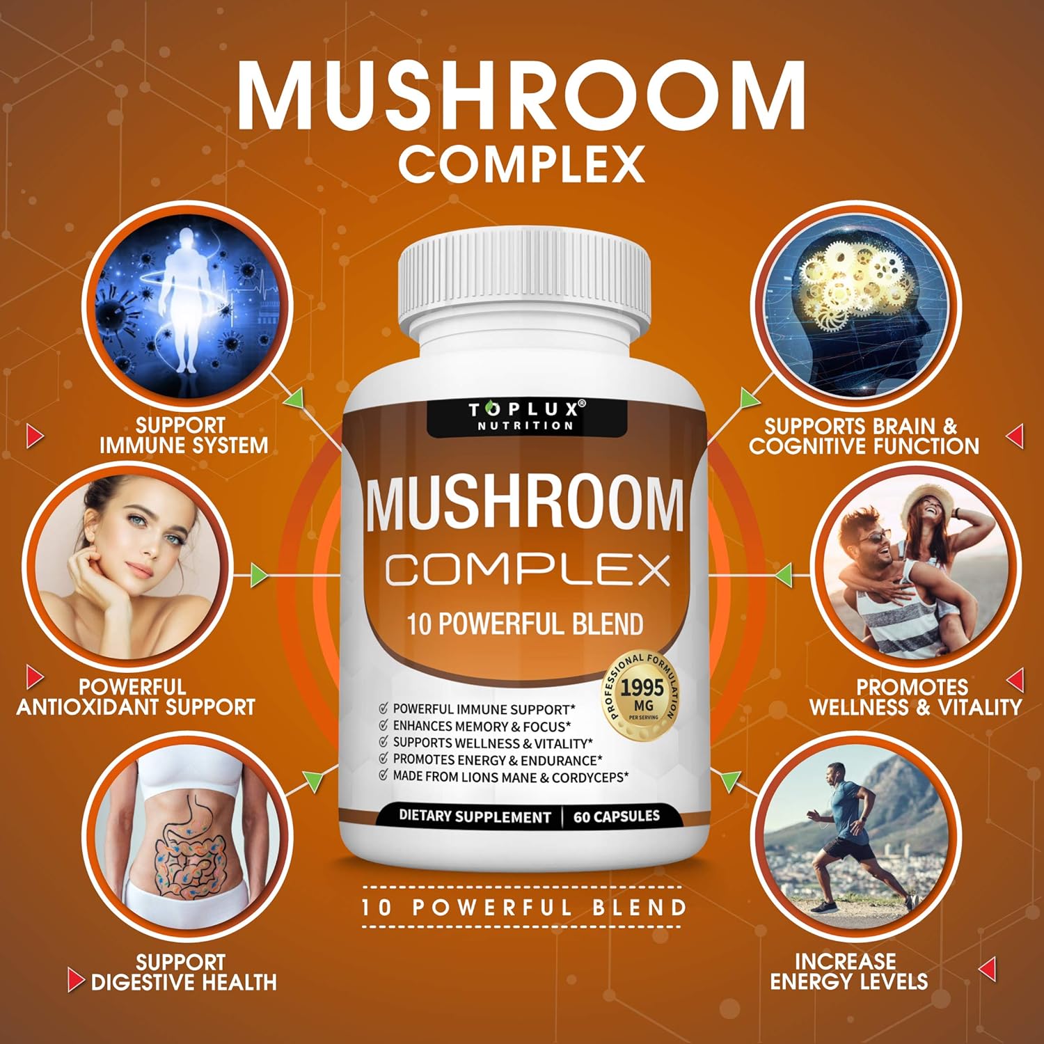 Organic Mushroom Supplement Blend for Immune Support, Memory, Focus, Energy - Lions Mane, Cordyceps, Reishi, Chaga - 60 Capsules