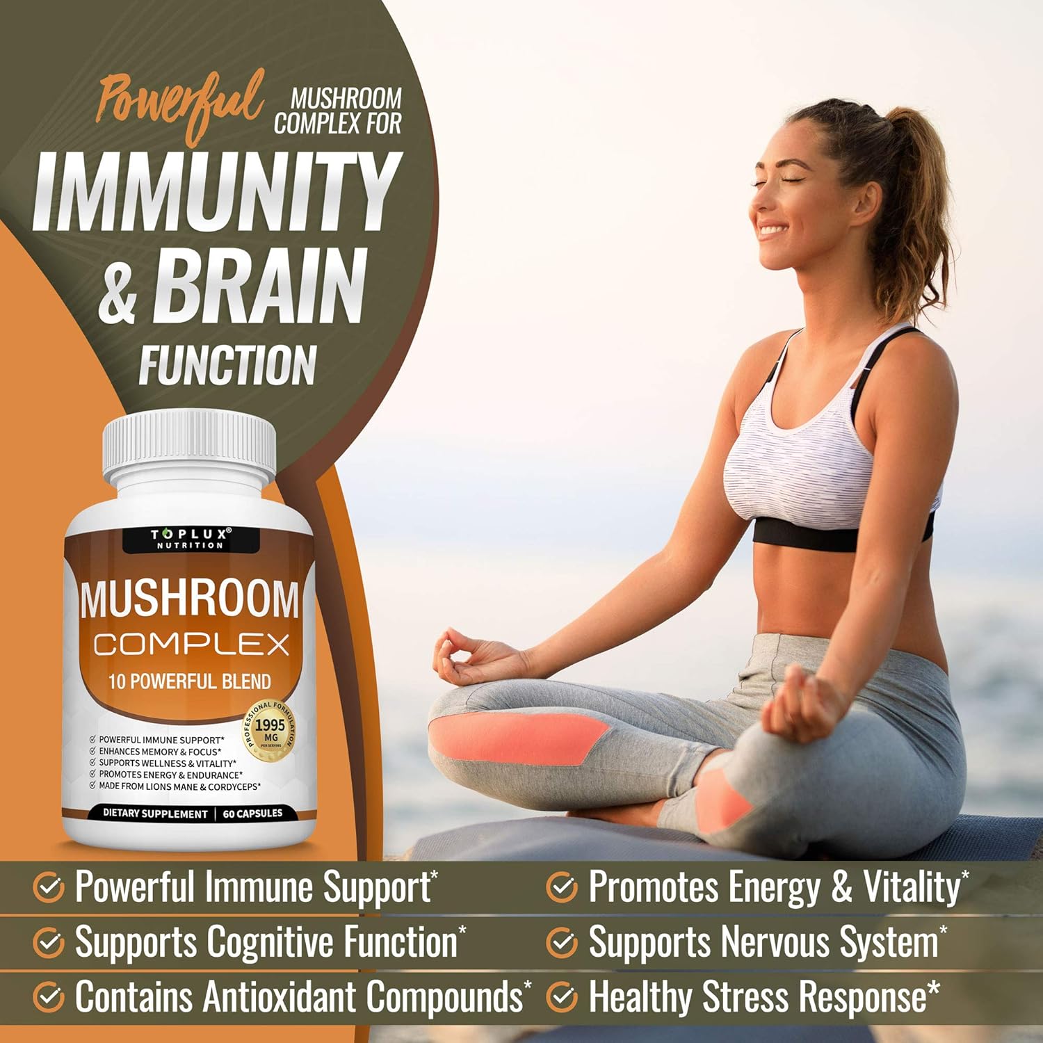 Organic Mushroom Supplement Blend for Immune Support, Memory, Focus, Energy - Lions Mane, Cordyceps, Reishi, Chaga - 60 Capsules